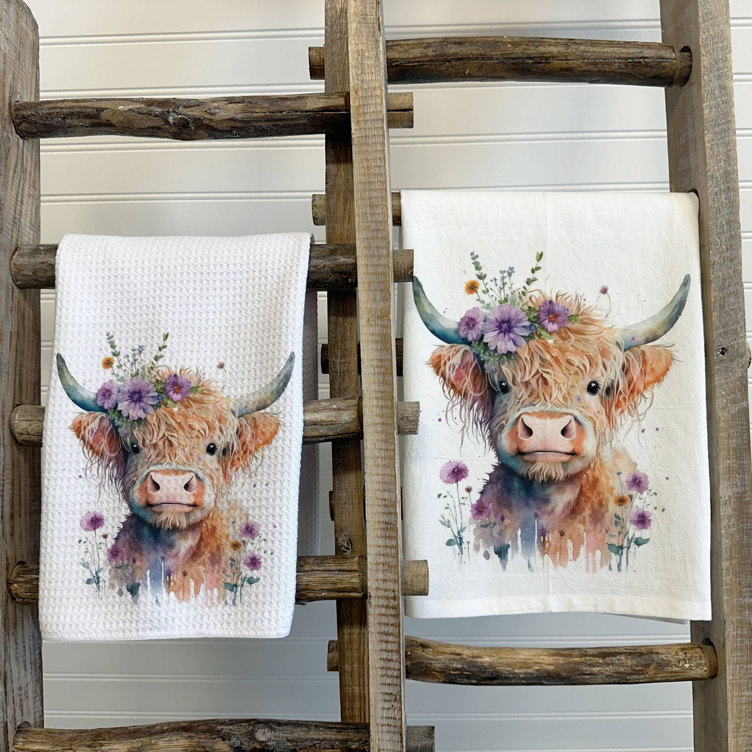 Floral Highland Cow Tea Towel