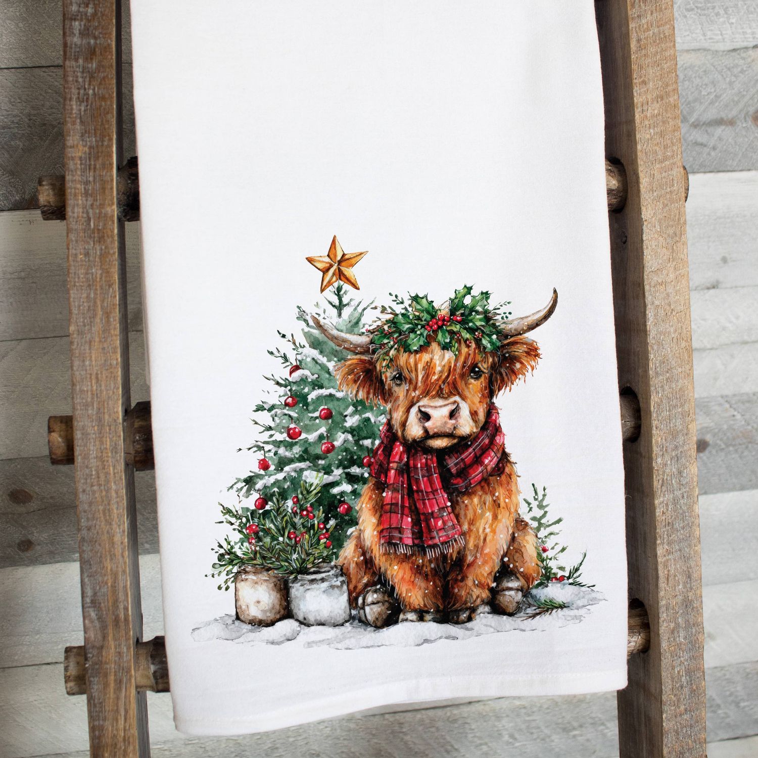 Highland Cow Christmas Tea Towel