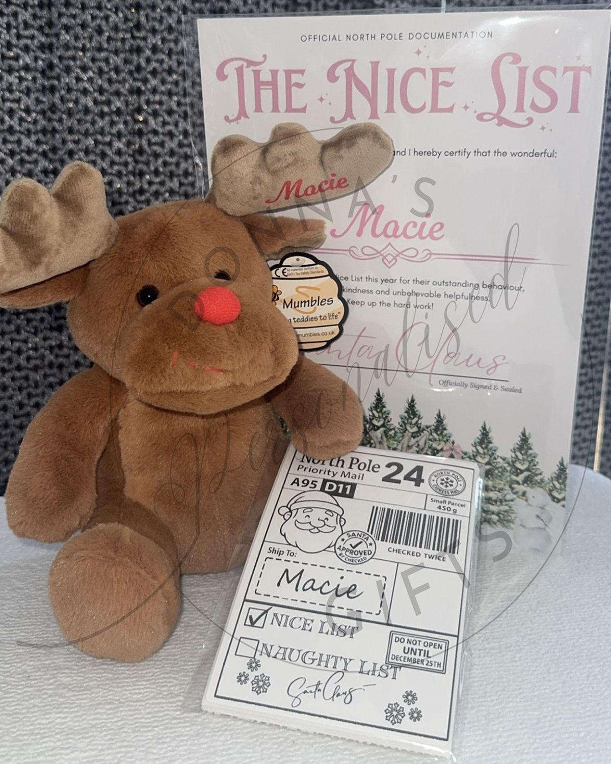 Personalised reindeer with a nice list certificate Plus a FREE personalised Post Label Sticker