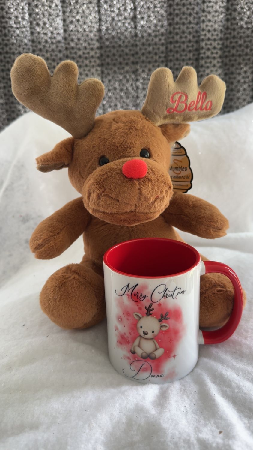 Reindeer plush toy with mug Personalised