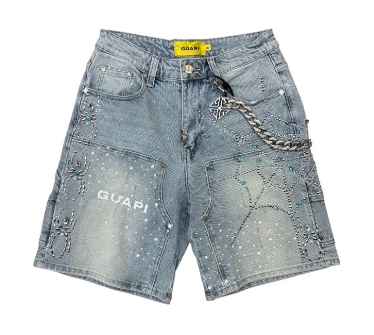 Aqua Blue Spider Denim Shorts