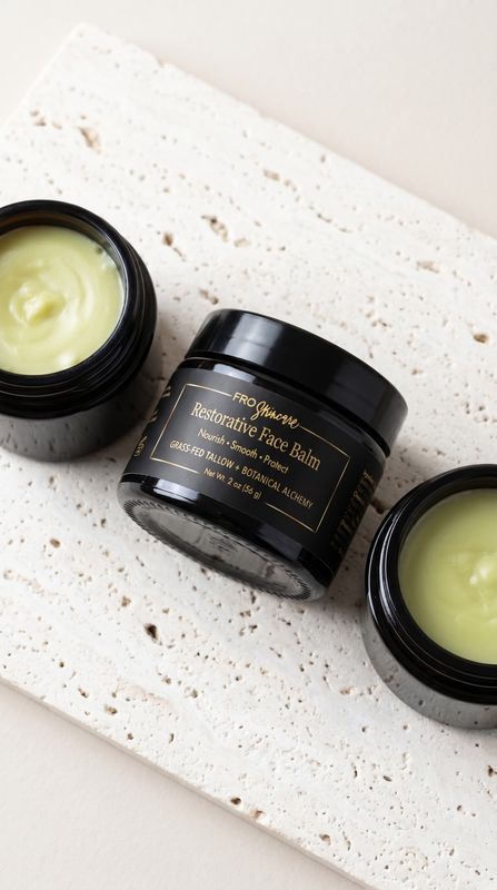 Open black jar of calendula tallow balm with lid and discovery jar