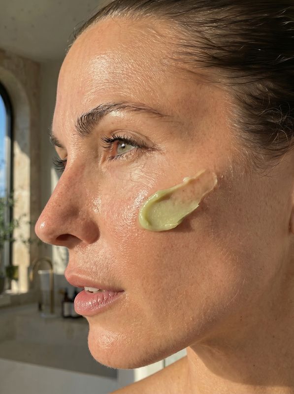 Mature woman applying FRO tallow face balm to cheek
