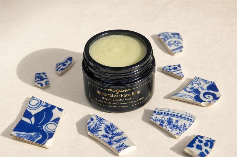 FRO tallow face balm styled with blue island chaney pieces