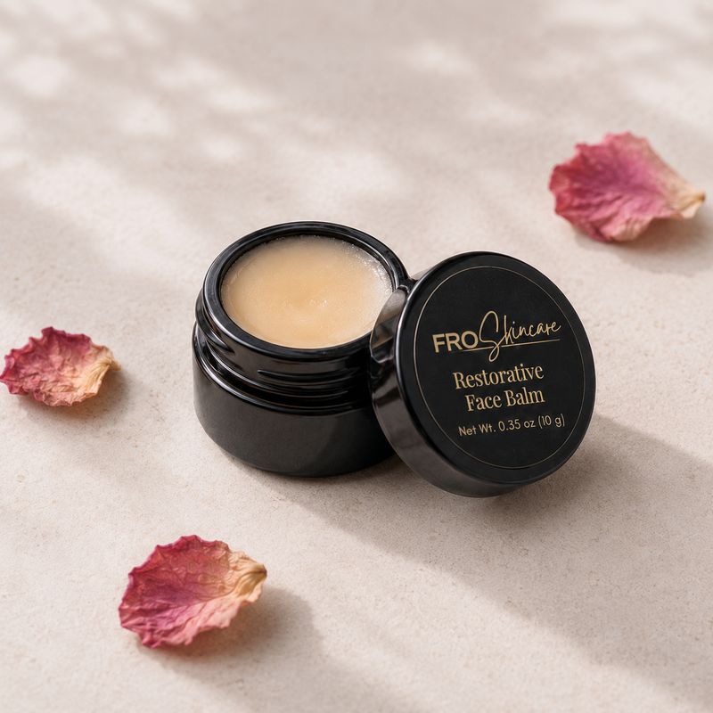 Open black jar of Rosa Damascena Restorative Face Balm with dried rose petals