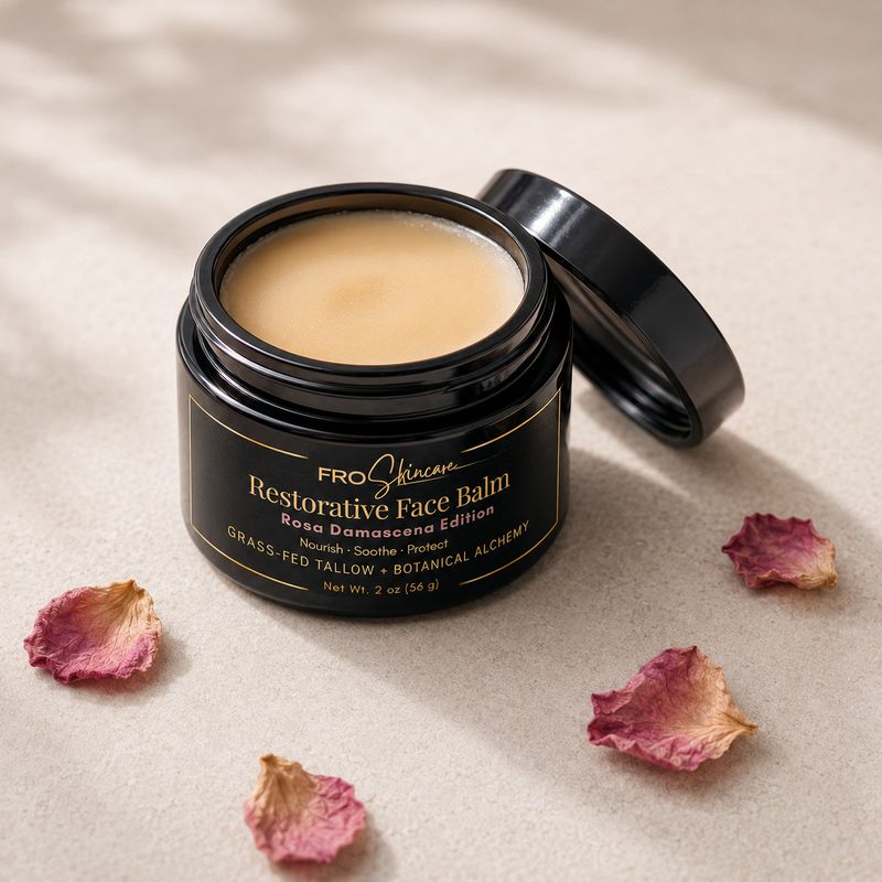 Open black jar of 56g Rosa Damascena Restorative Face Balm with dried rose petals