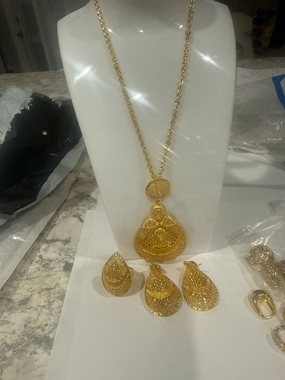 Yellow Color Heart Chain Earrings Set With Ring. Ring Adjustable Sku0006
