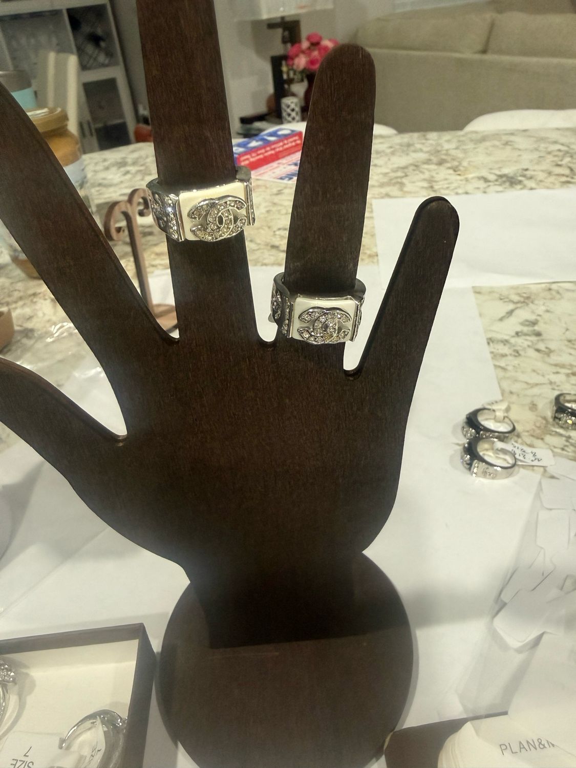 Coco Channel Fashion Jewelry Ring Sterling Silver. Silver And White CC Logo Size 6 $18.00 Each. SKU 0013