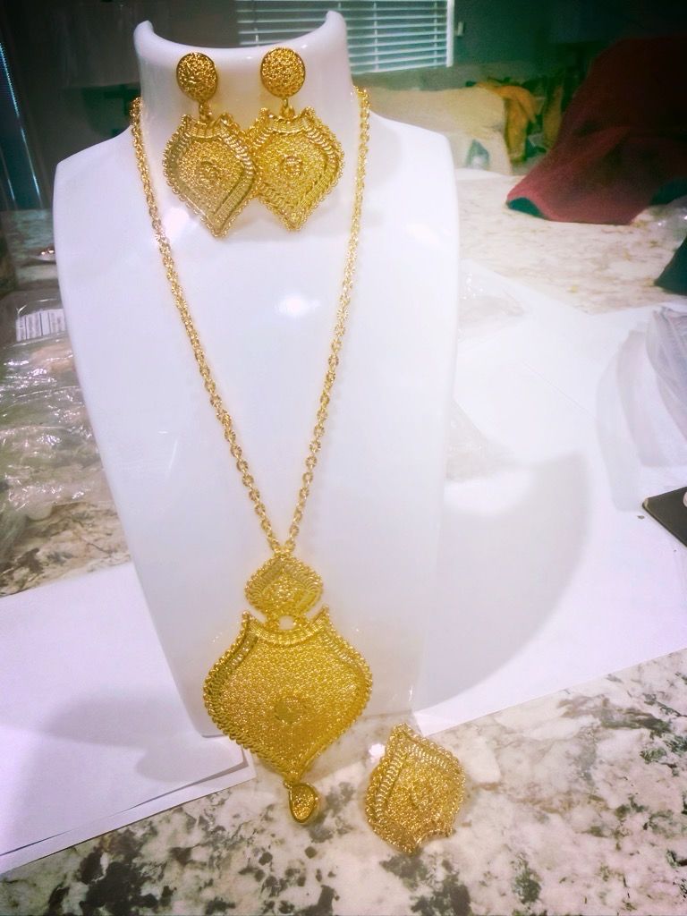 Goldtone Fashion Jewelry- Earrings , Necklace Pendant And Ring Adjustable. SKU 0018