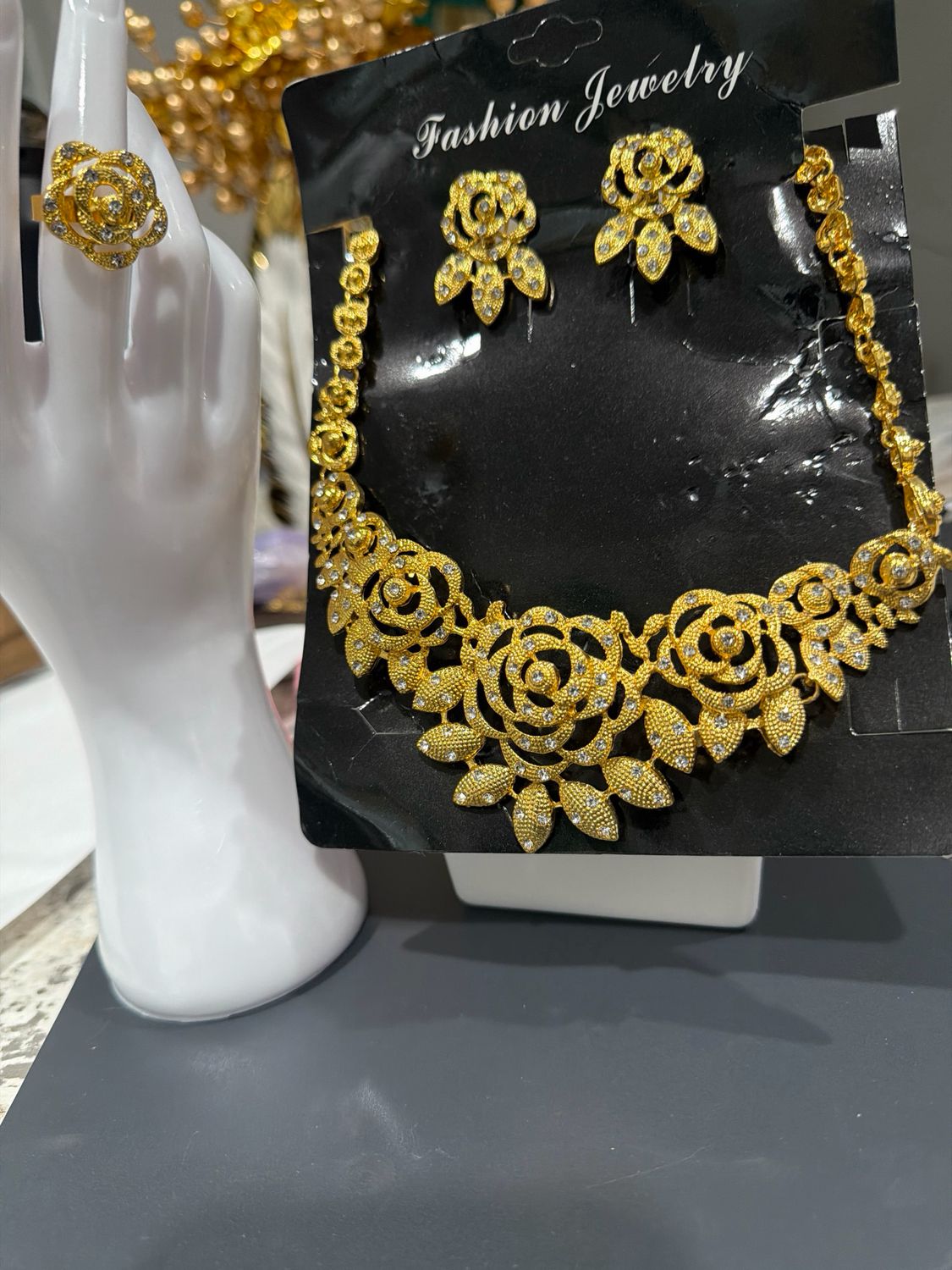 Fashion Necklace Set Earring Necklace and Ring Set. Ring Adjustable Goldstone SKU 0032