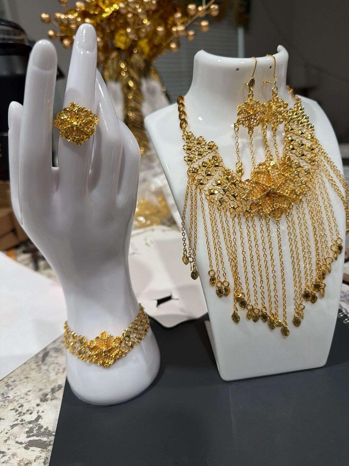 Fashion  Jewelry Necklace Earring Bracelet and Ring . Ring Is Adjustable . Goldtone. SKU 0035