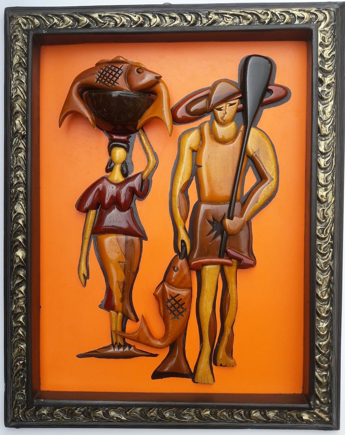 Sculpturally Wooden Carved Fishing Themed African Handmade Art