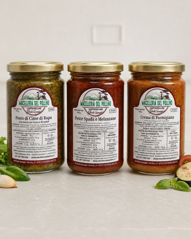 Pesto di cime di rapa, pesce spada e melanzane, crema parmigiana Pesto di cime di rapa, pesce spada e melanzane, crema parmigiana
