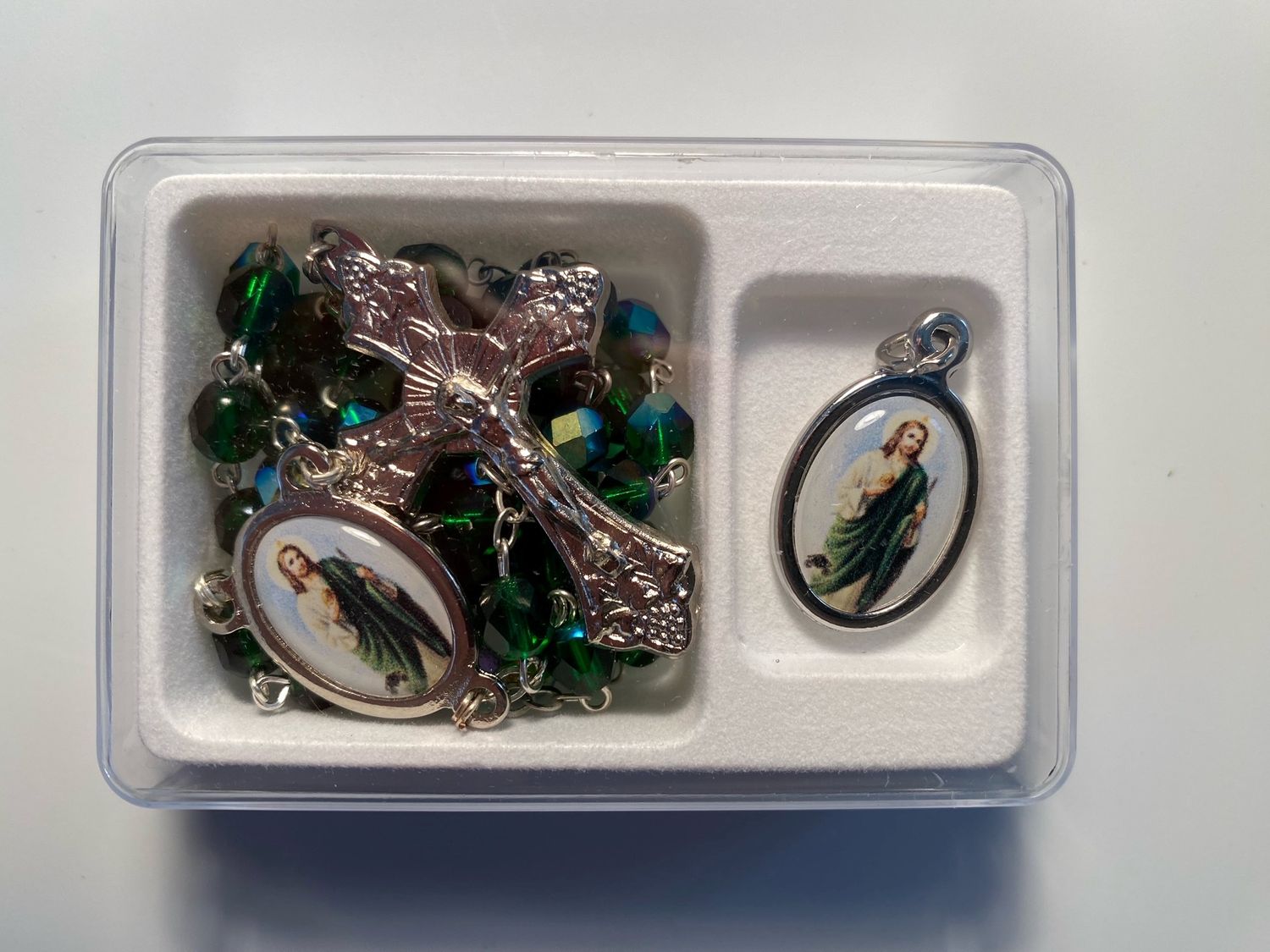 St. Jude Medal and Green Crystal Rosary Set, Silver-tone.