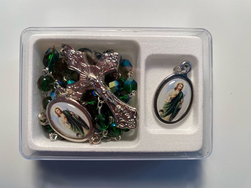 St. Jude Medal and Green Crystal Rosary Set, Silver-tone.