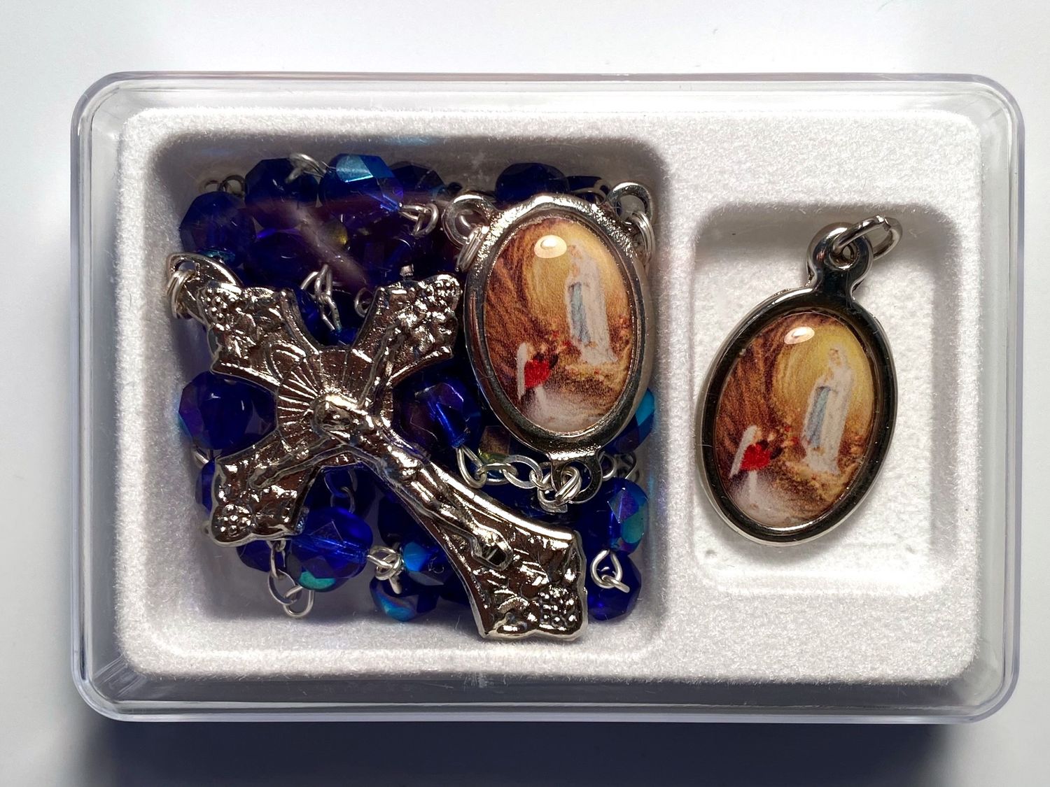 Our Lady of Lourdes Medal and Crystal Rosary Set, Silver-tone.