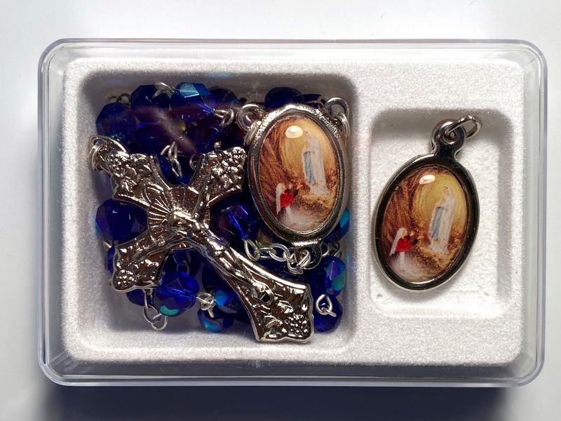 Our Lady of Lourdes Medal and Crystal Rosary Set, Silver-tone.