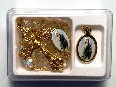 St. Jude Rosary and Medal Set - Clear/Gold-tone.