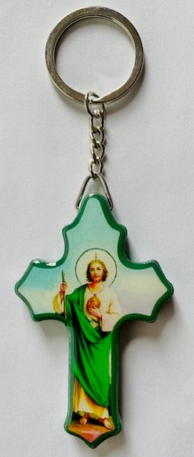 St. Jude Keychain - Green Wooden Cross