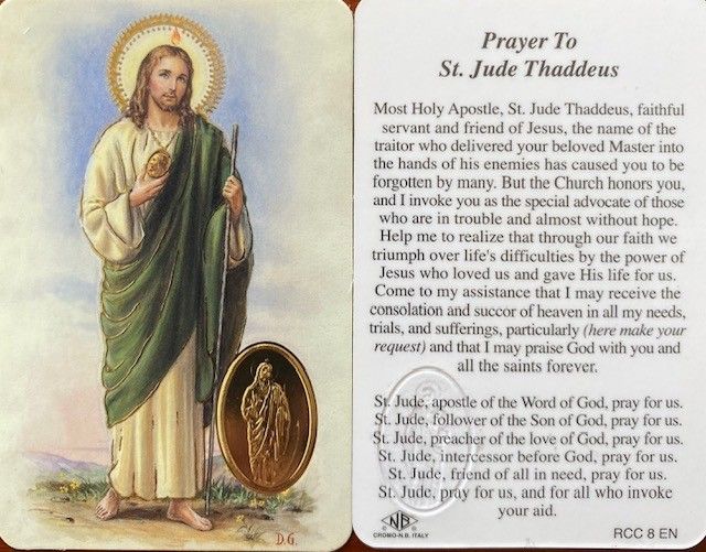 St. Jude Prayer Card with embedded gold tone St. Jude medal - English