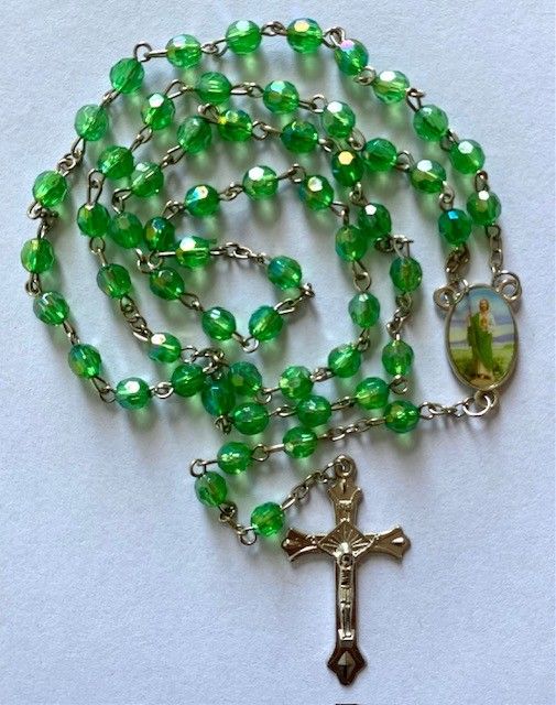 St. Jude Green Crystal Rosary with clear box