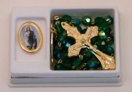 St. Jude Medal and Green Crystal Rosary Set, Gold-tone.