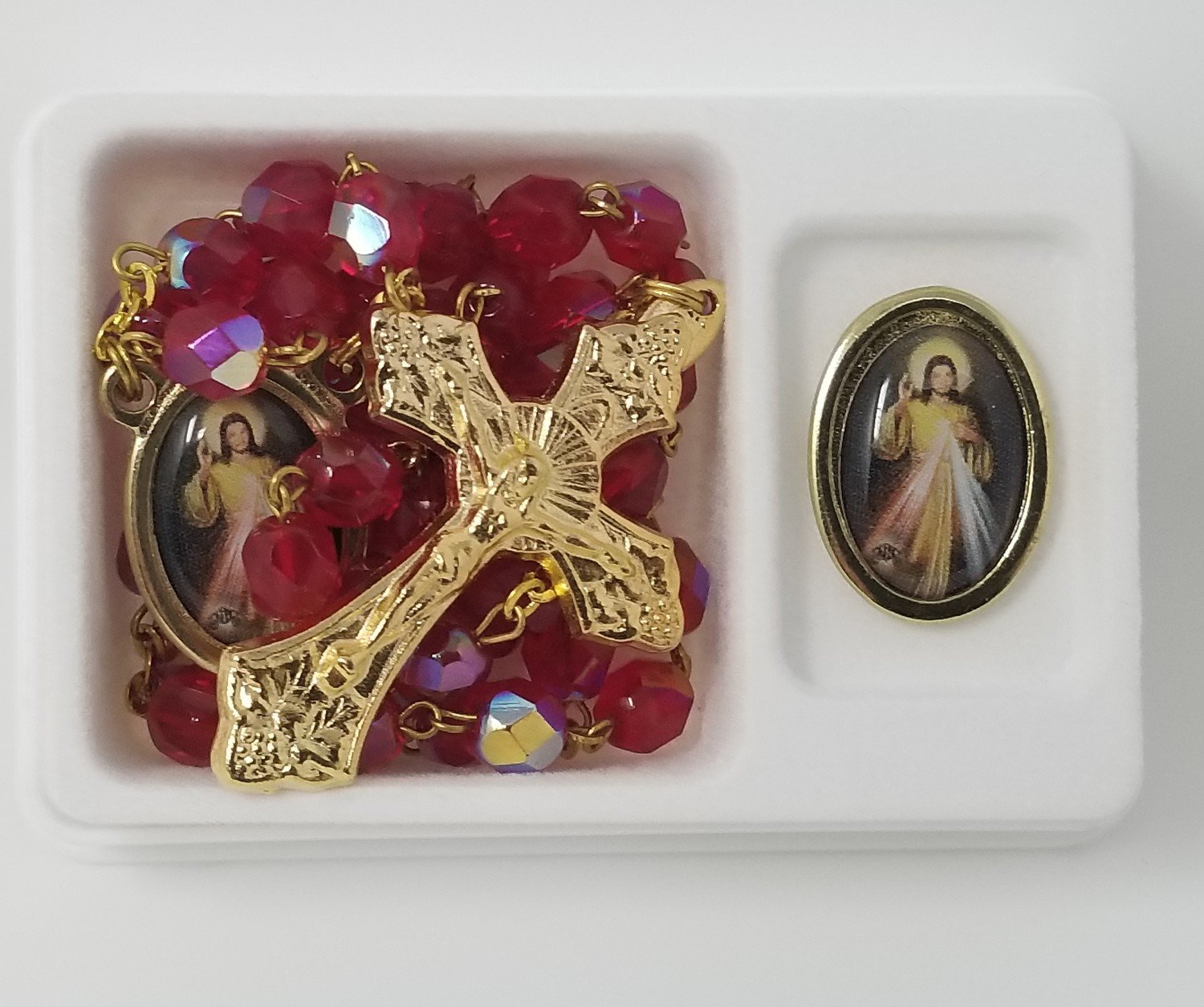 Divine Mercy Pin and Crystal Rosary Set