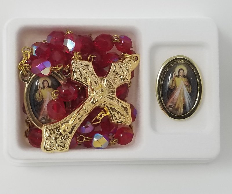 Divine Mercy Pin and Crystal Rosary Set, Gold-tone.