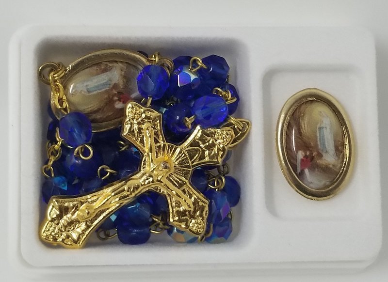 Our Lady of Lourdes Pin and Crystal Rosary Set, Gold-tone.