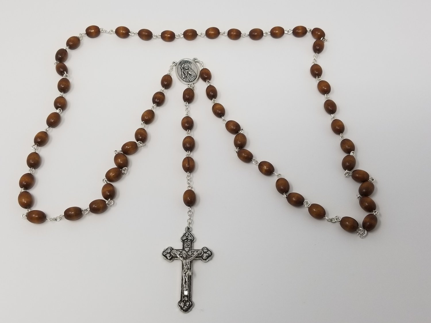 St. Jude Large Brown Wooden Rosary in Clear Plastic Case