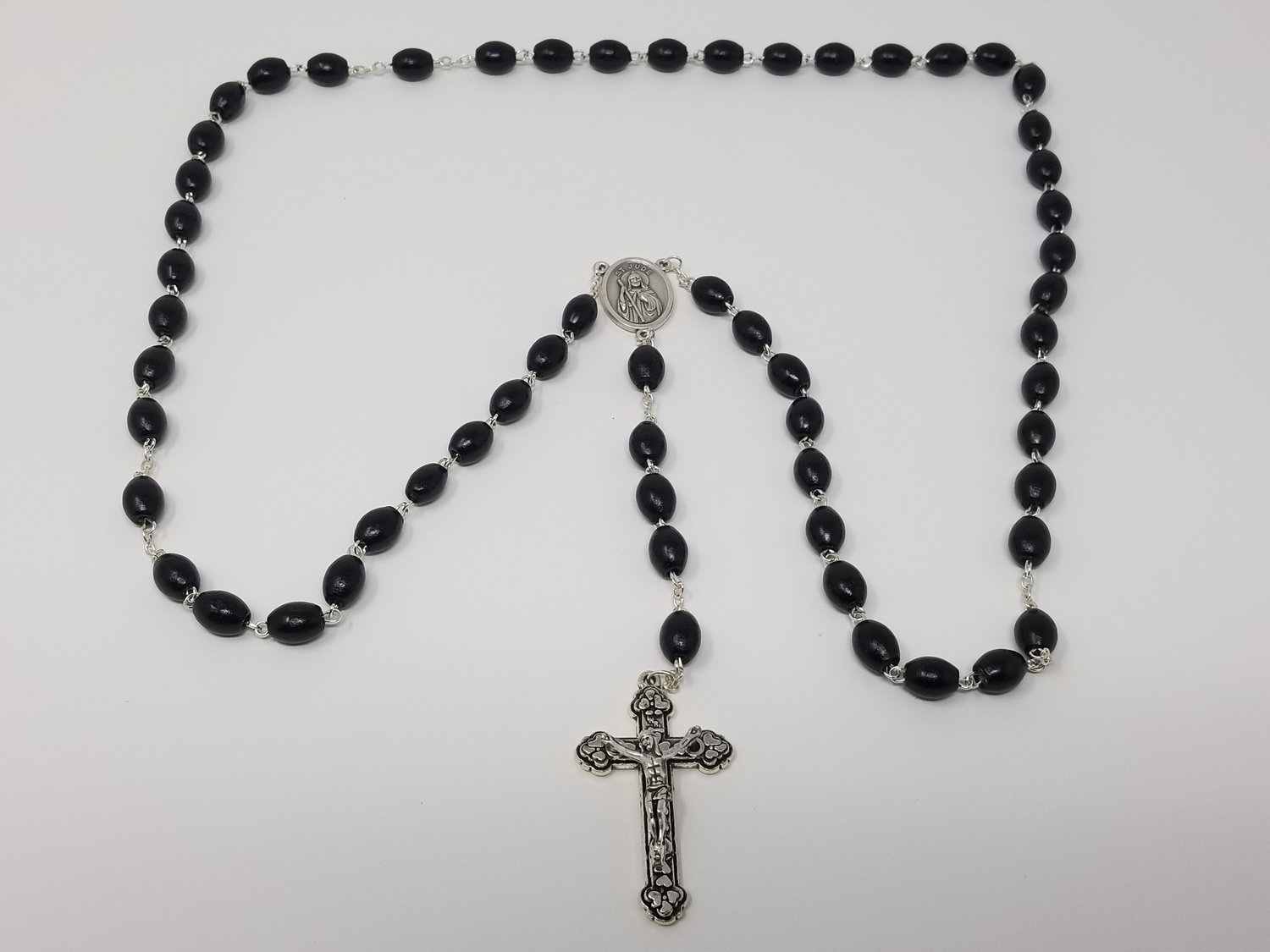 St. Jude Large Black Wood Bead Rosary in Clear Plastic Case