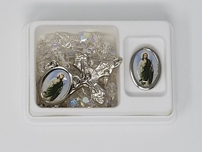 St. Jude Medal and Clear Crystal Rosary Set, Silver-tone.