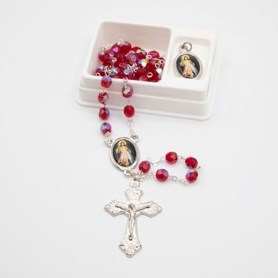 Divine Mercy Pin and Crystal Rosary Set, Silver-tone.