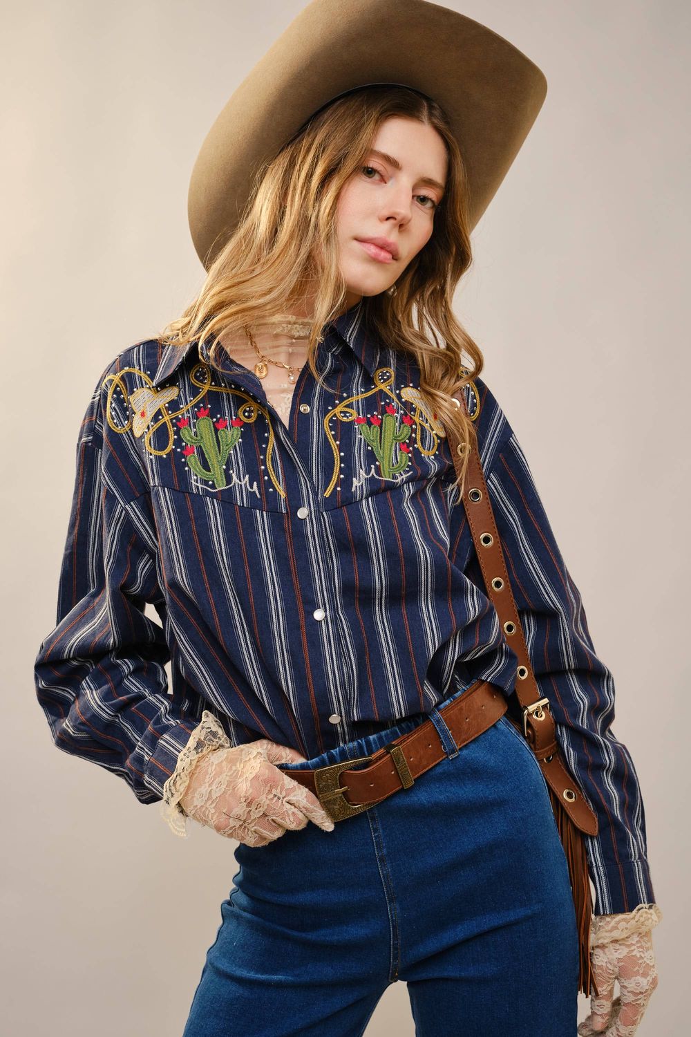 36989T Embroidered Western Yoke Striped Shirt, Color: NAVY, Size: S