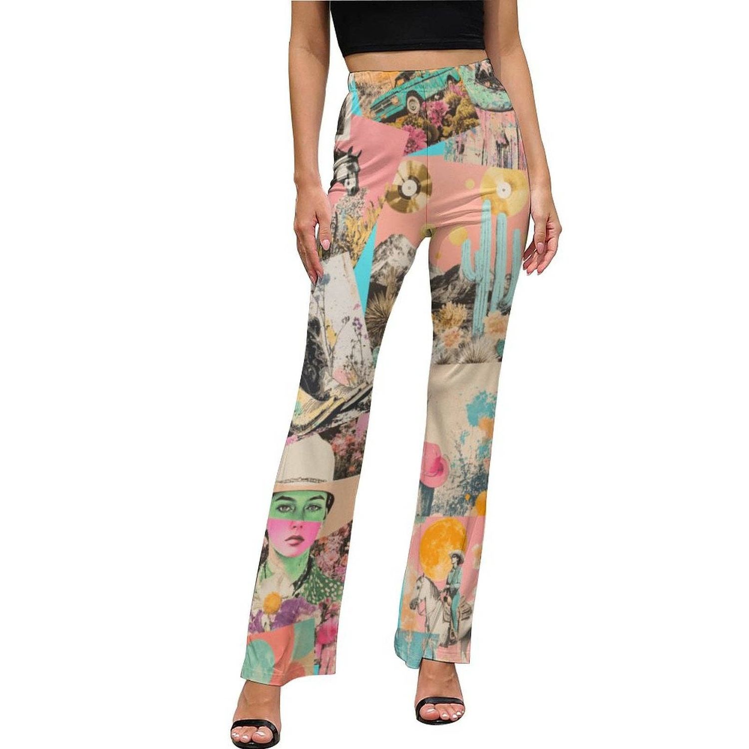 Baha Ranch Retro Pop Western Collage Flare Pants, Color: white, Size: M