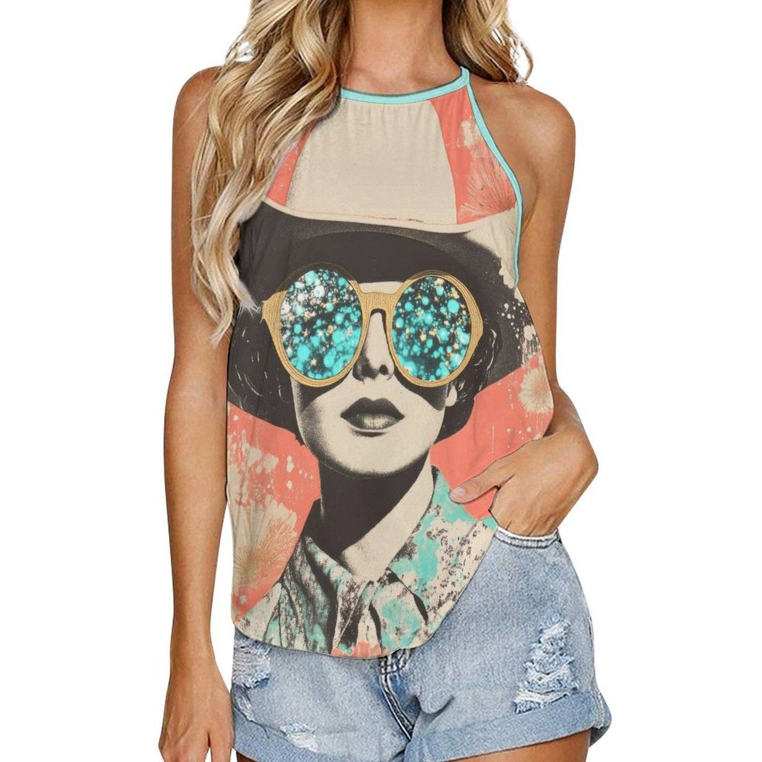 Baha Ranch Turquoise Cowgirl Retro Pop Western Tank Top, Color: white, Size: 1l