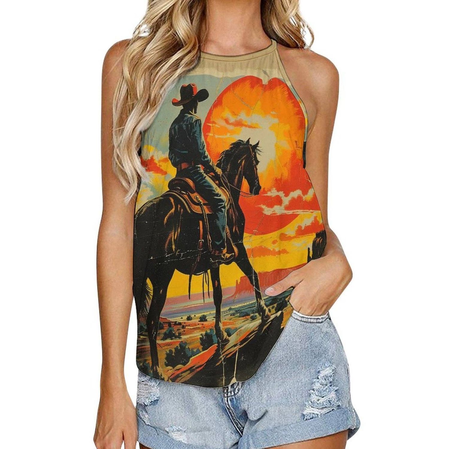 Baha Ranch Sunset Cowboy Tank Top, Color: Orange cowboy, Size: 1s