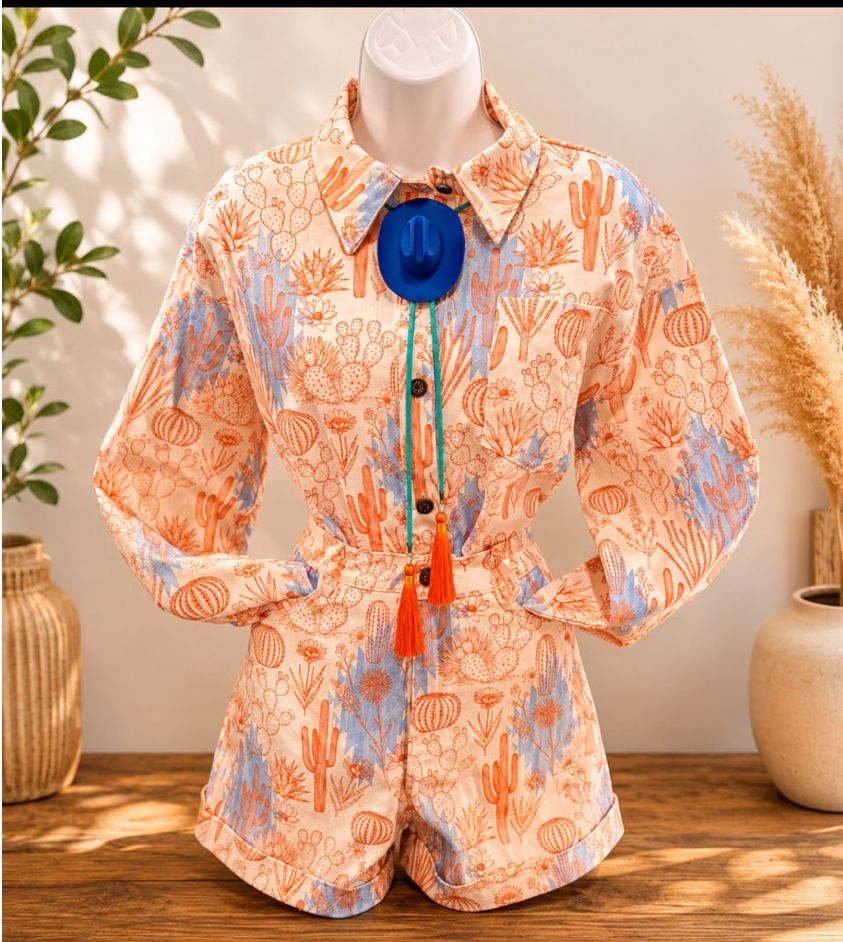 Pink Western Desert Aztec Button long sleeve W shorts