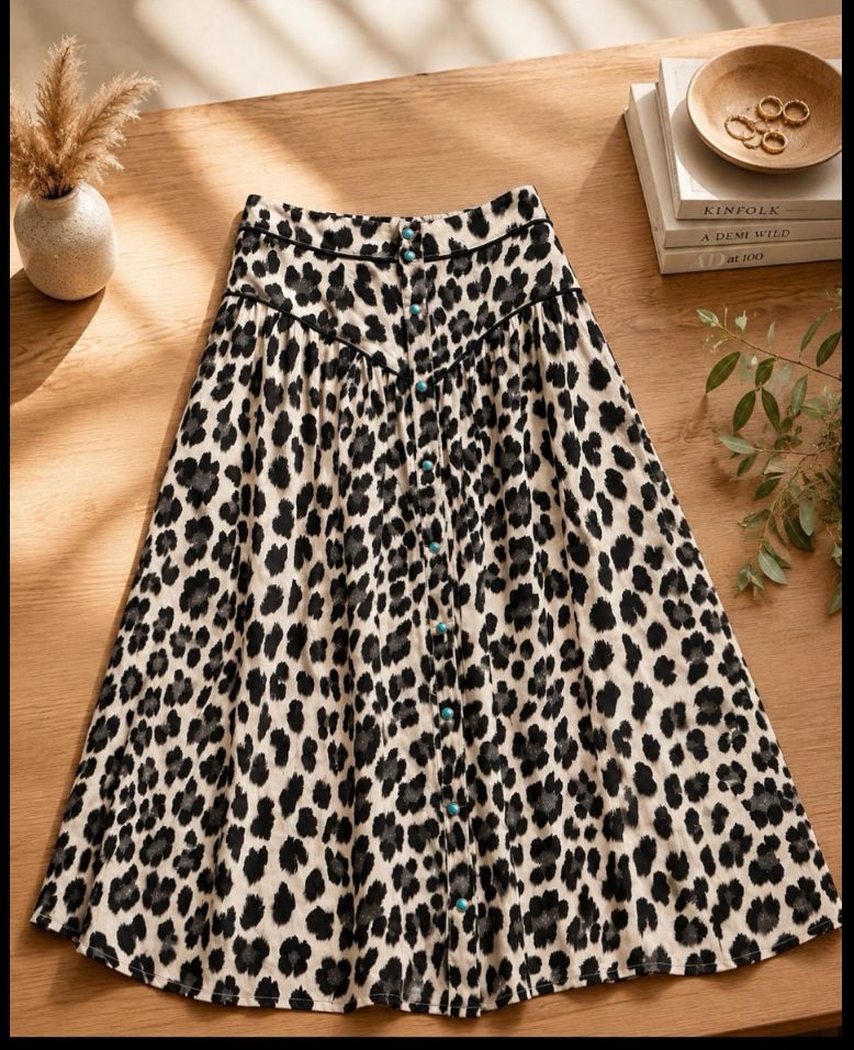 Leopard printed button down skirt with turquoise snap buttons
