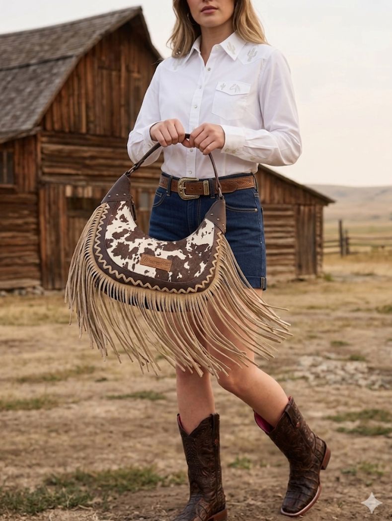Brown and white print purse