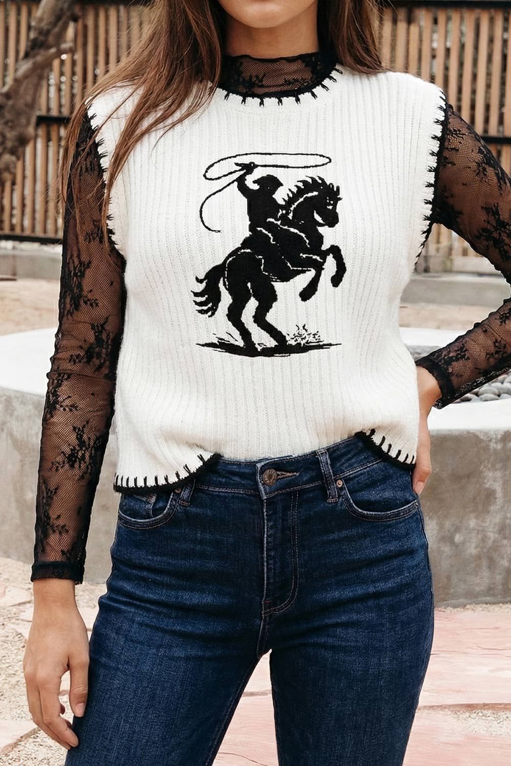 Western Contrast Trim Rodeo Cowboy Sweater Vest (S-XL), Color: White, Fit: Missy, Size: XL