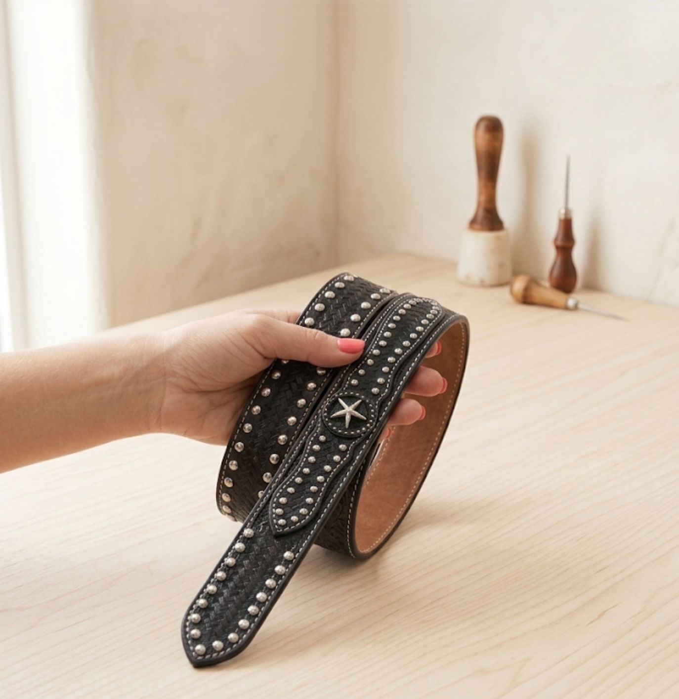 Black Leather Tooled Star Belt 3590