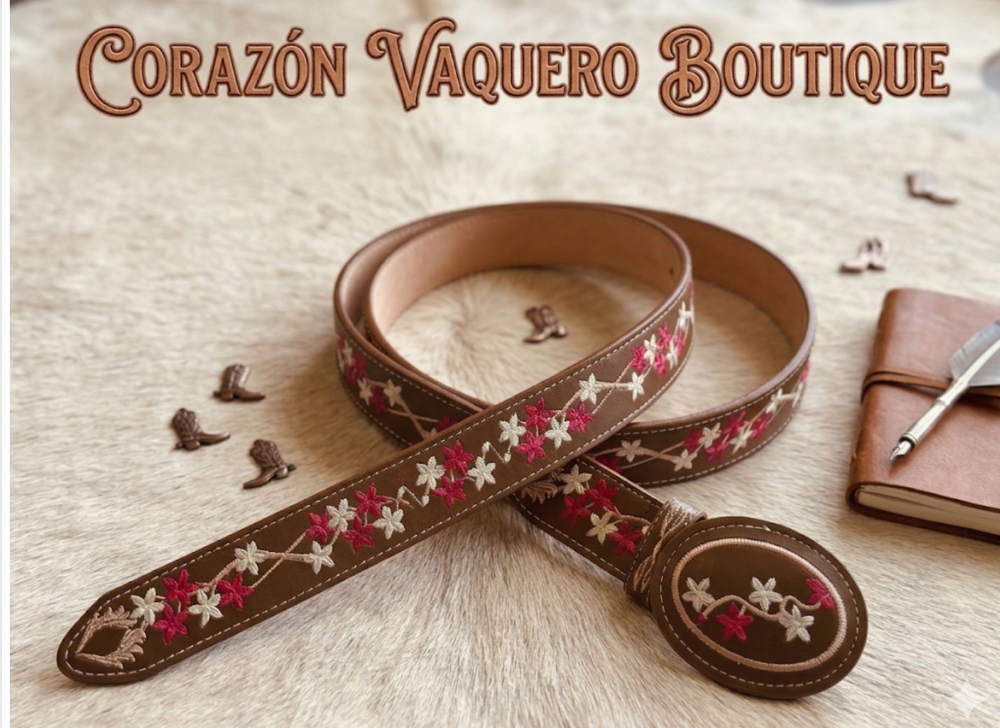 Light Brown W Pink and White leather belt 2305