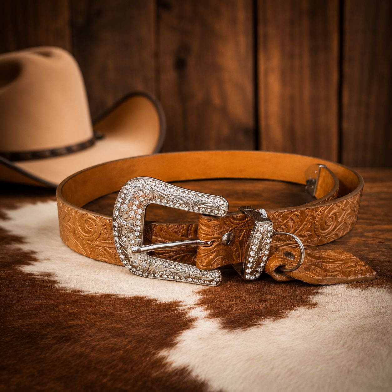 Light Brown Floral Tooled with rhinestone buckle Belt