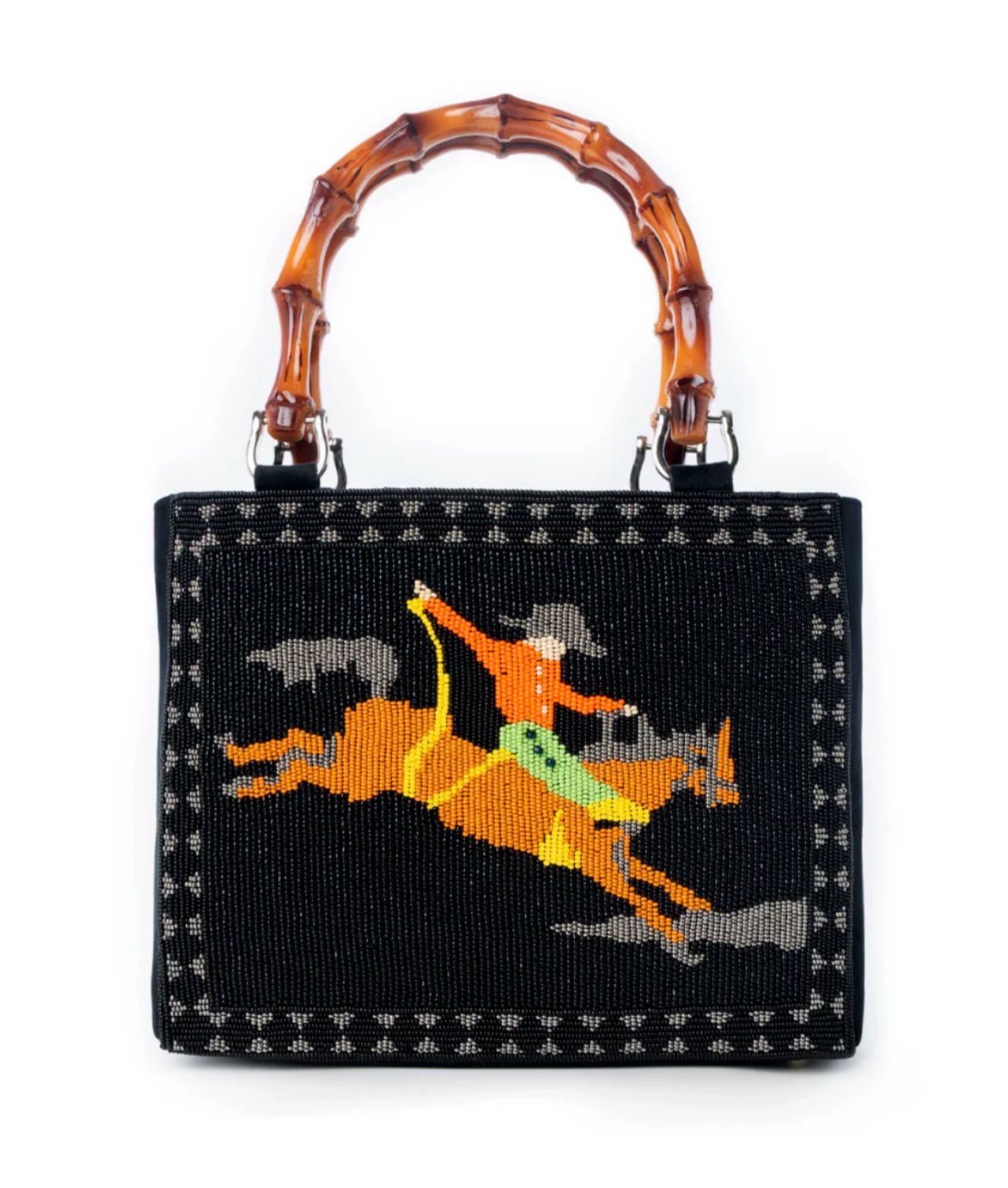 Eight Second Western hand beaded bag in Black with bamboo handle and horse embroidery