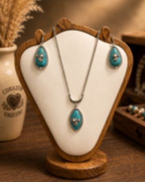 Silver Necklace and Earrings with Turquoise Rock and Cactus with Flower