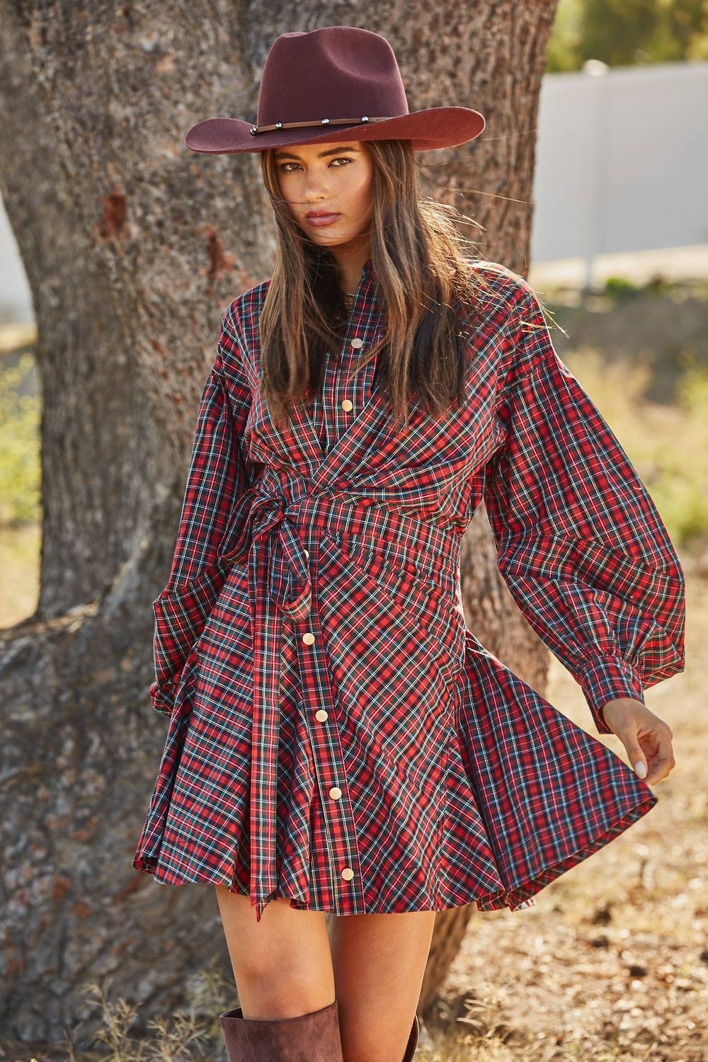 ASYMMETRICAL RUCHED DETAILING PLAID WRAP SHIRT DRESS FD31556, Color: Red, Size: S