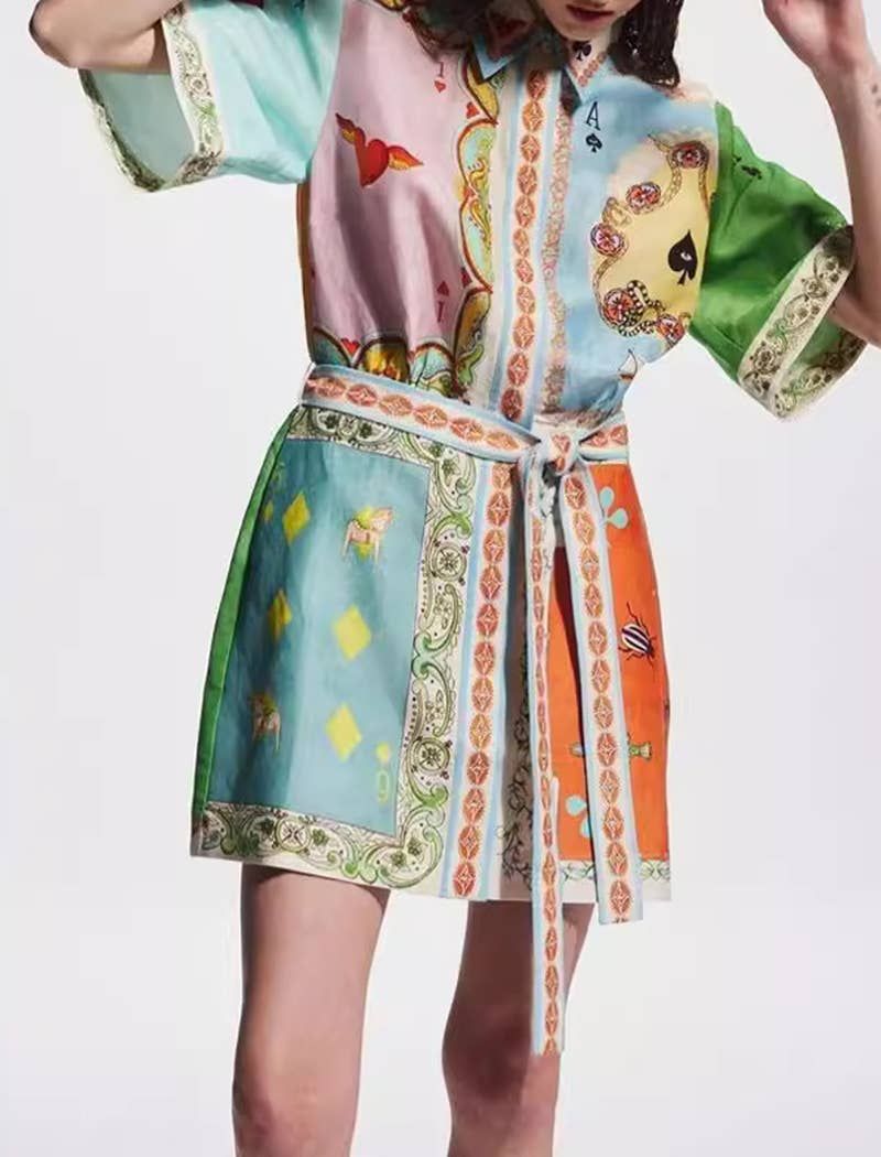 Belted Patch Print Mini Shirt Dress, Color: MULTI, Size: XL
