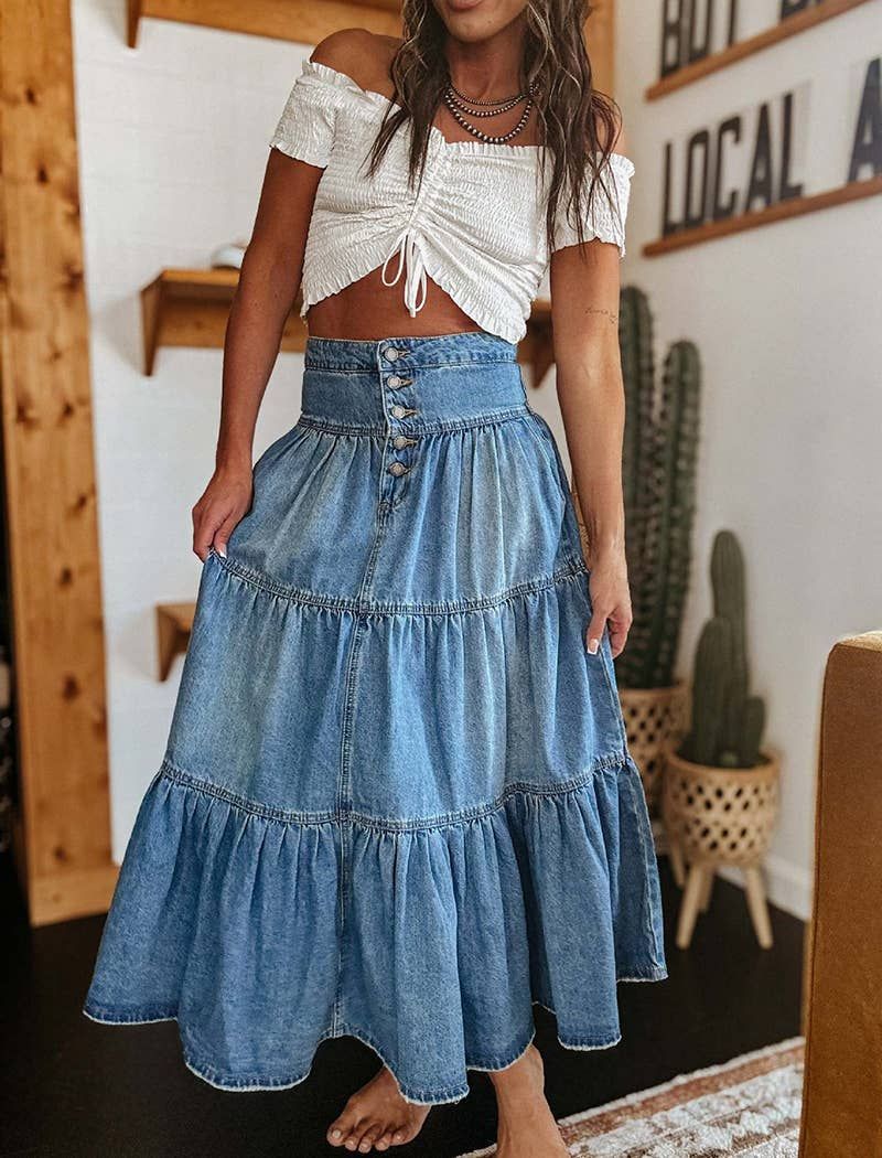 Buttoned Tiered Skirt, Color: BLUE, Size: M