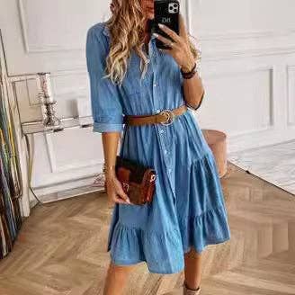 Square Neck solid Denim Dress with Full Button Placket